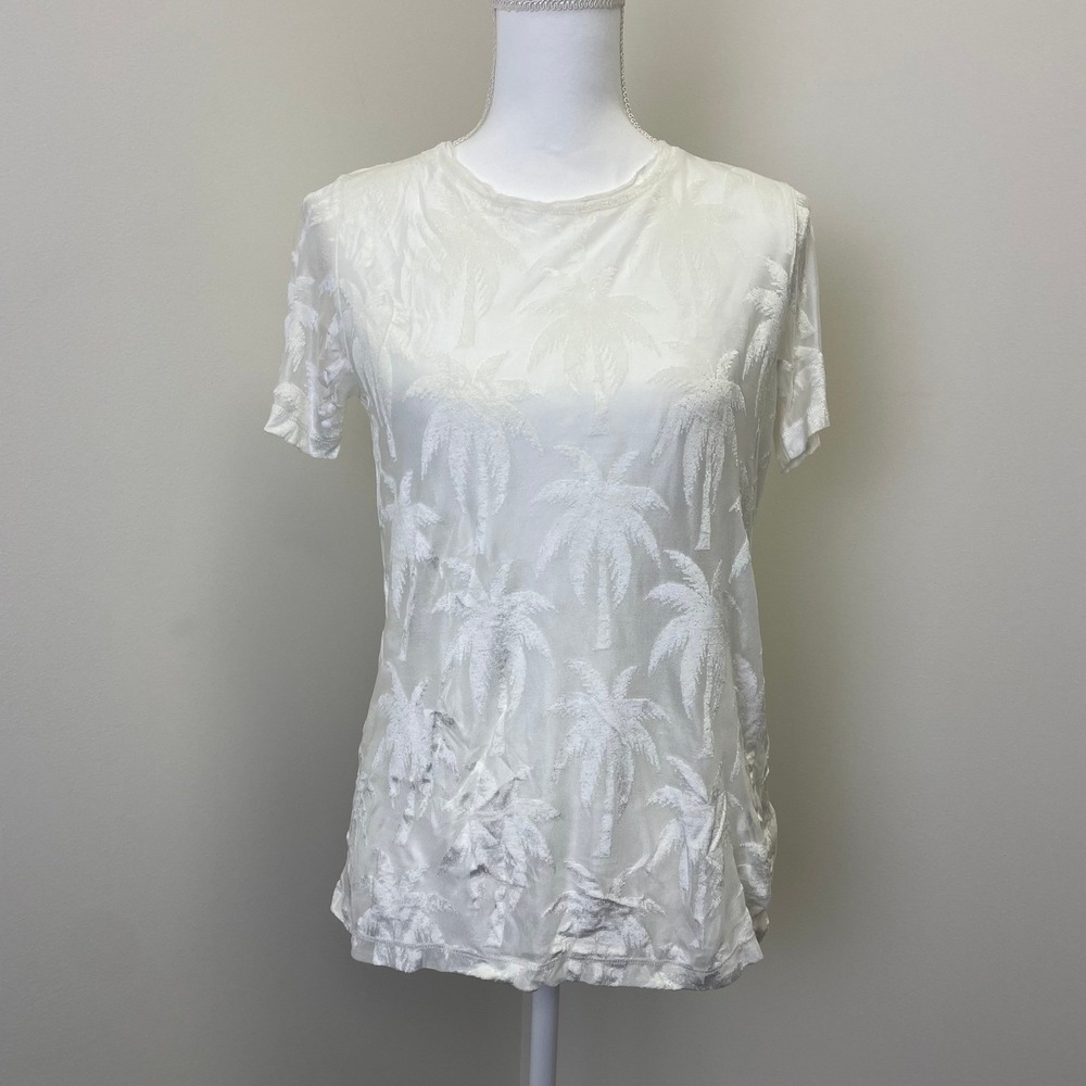 Nu Denmark White Mesh Palm Tree Burnout Short Sleeve Sheer Top XS Beach